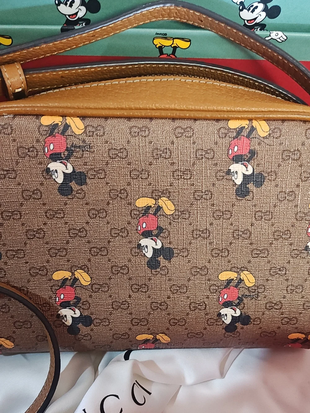 Guccix Disney Mickey Mouse GG Supreme Coated Canvas Crossbody Bag Brown